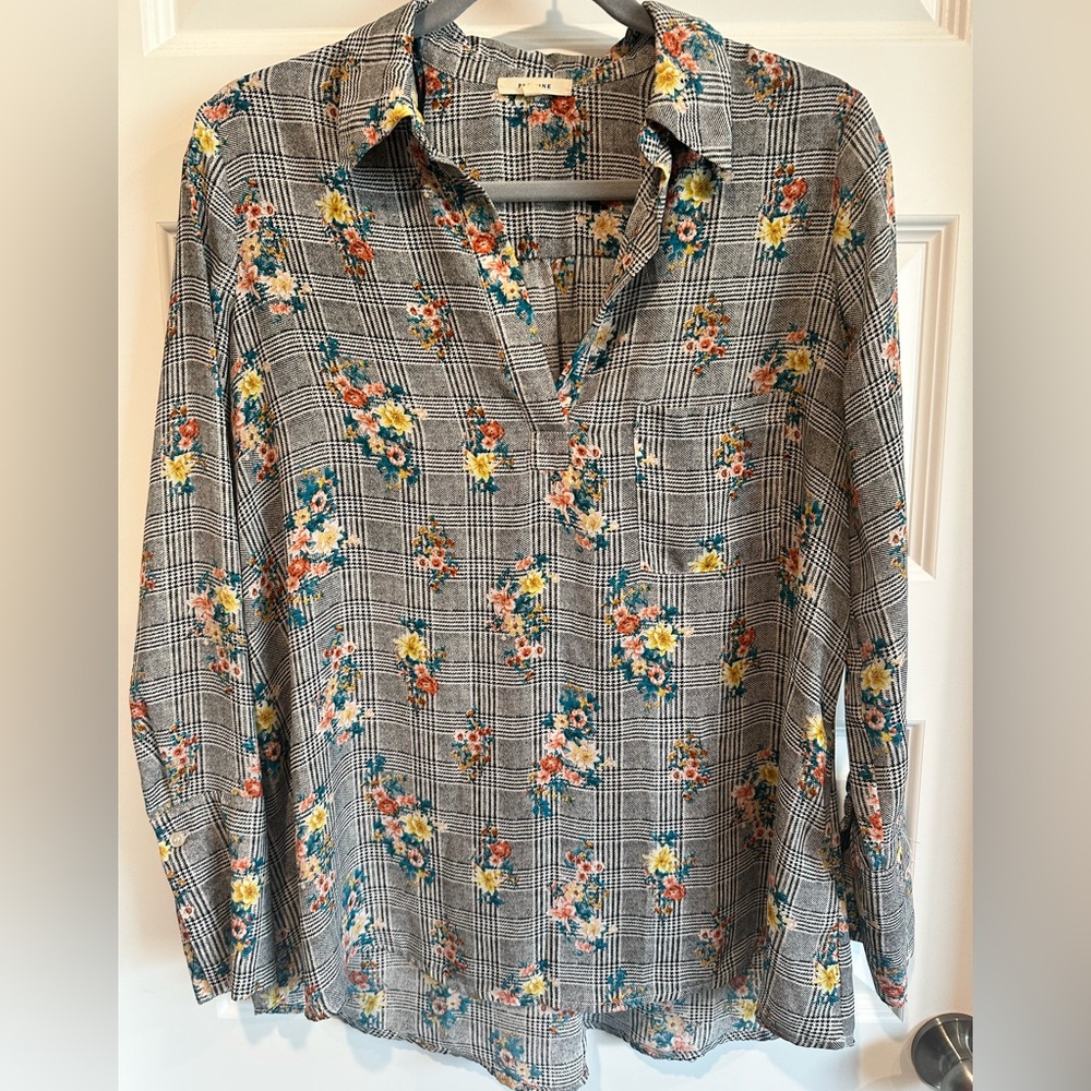 Pleione Women’s Blouse Small Floral Plaid Long Sleeve Top - EUC